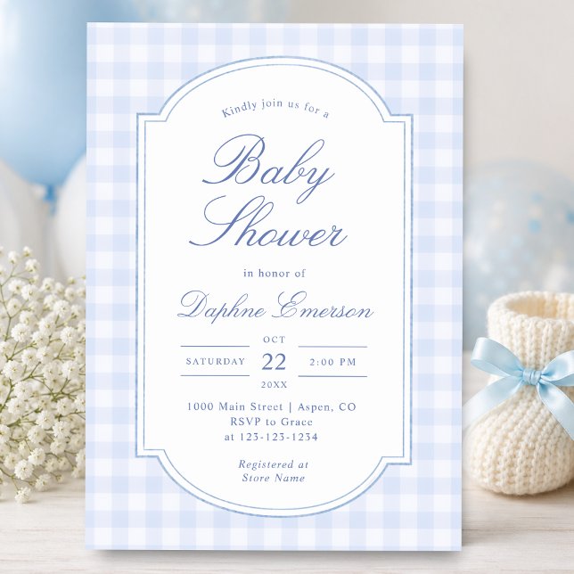 Invitation Baby-Shower à thème carreaux bleus (Blue Gingham Baby Shower Invitation
)