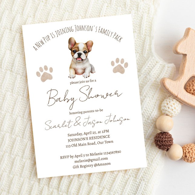 Invitation Baby shower à thème chien chiot modèle (Puppy dog themed baby shower editable template invitation digital download cute French Bulldog brown)