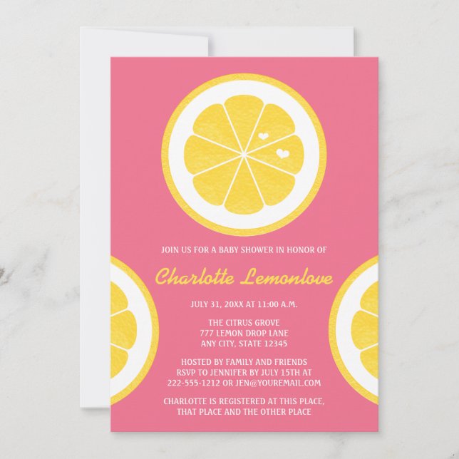 Invitation Baby shower À THÈME DE LÉMON ROSE ET JAUNE (Devant)