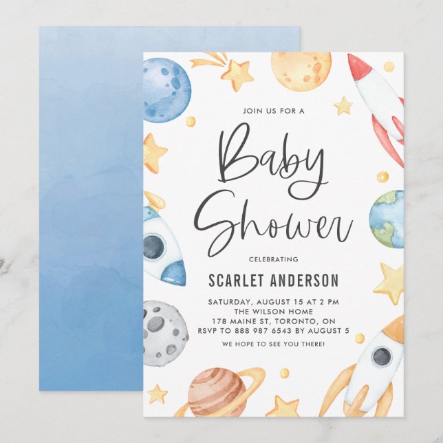 Invitation Baby shower à thème de l'espace Aquarelle (Devant / Derrière)