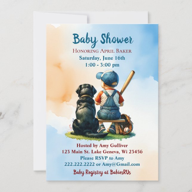 Invitation Baby shower à thème Garçon et Black Lab Baseball (Devant)