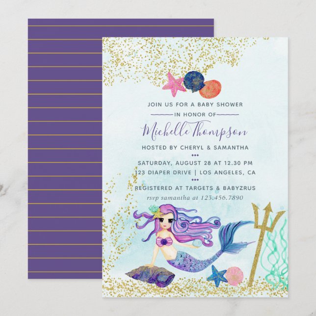 Invitation Baby shower à thème Mermaid aux couleurs tendance (Devant / Derrière)