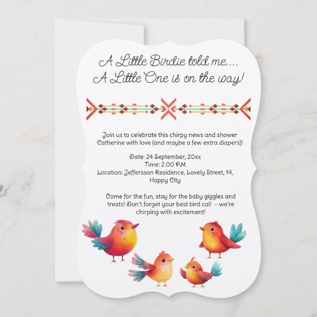 Invitation Baby shower À Thème Oiseau Mignonne Aquarelle (Devant)