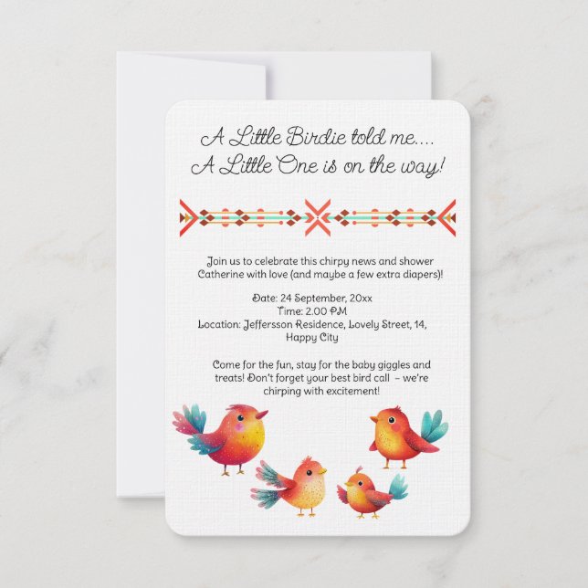 Invitation Baby shower À Thème Oiseau Mignonne Aquarelle (Devant)