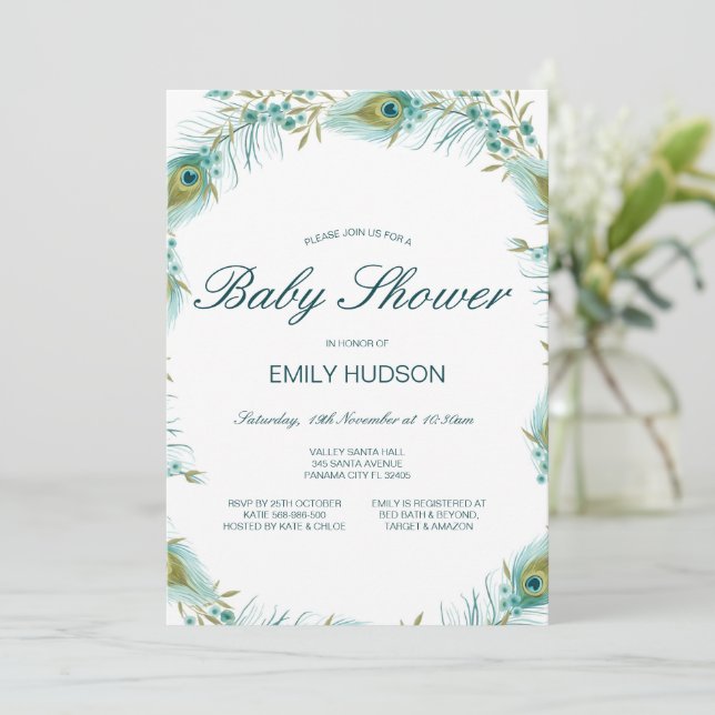 Invitation Baby Shower à thème Paon éditable (Debout devant)