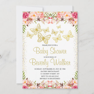 Invitation Baby shower à thème papillon Botanique Floral