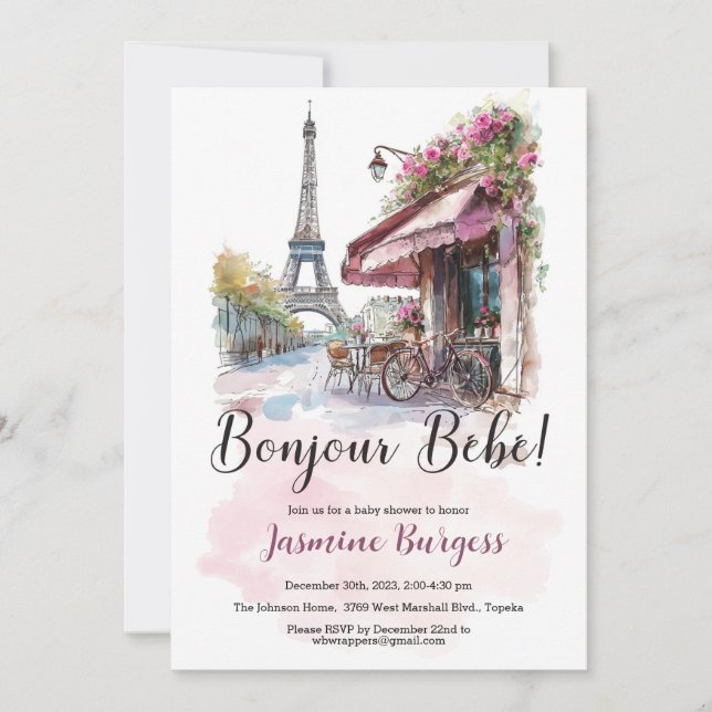 Invitation Baby shower à thème Paris - Bonjour Beb (Devant)