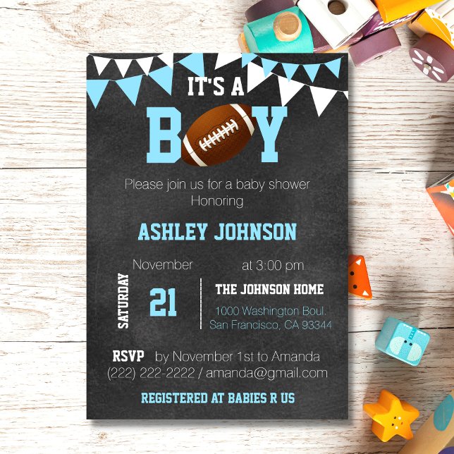 Invitation Baby shower à thème personnalisé de tableau de bor (Custom Boy Chalkboard Football Sport Theme Baby Shower Invitation)