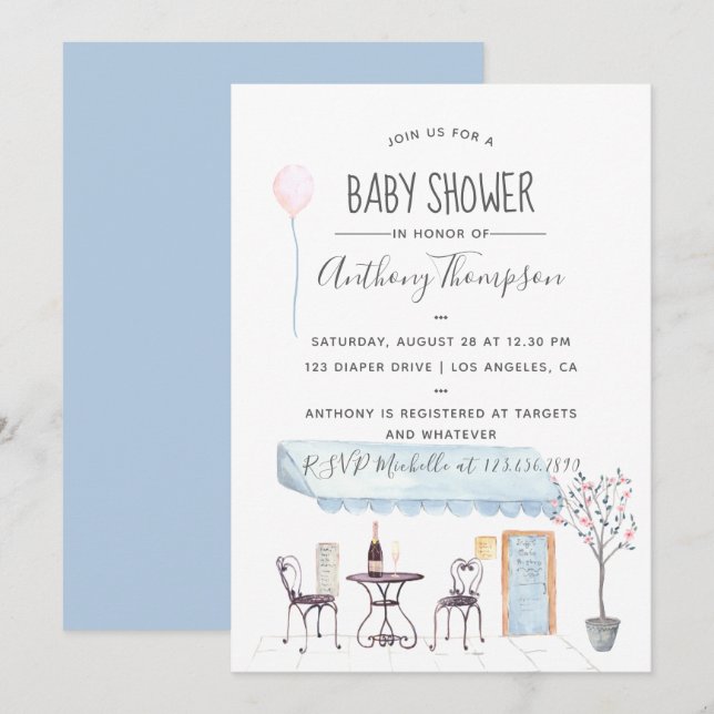 Invitation Baby shower à thème Watercolor Paris (Devant / Derrière)