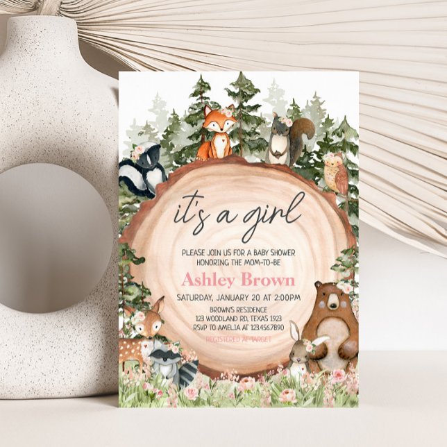 Invitation Baby shower à tranche de bois (Floral Woodland Animals Baby Shower Invitation)
