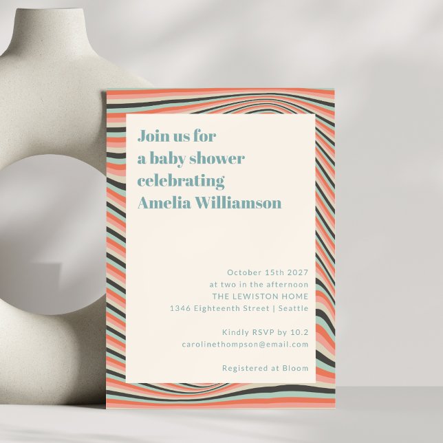 Invitation Baby shower Abstrait à rayures ondulées Aqua et Pe (Créateur téléchargé)