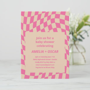 Invitation Baby Shower Abstrait Damier Rose Chaude Rétro