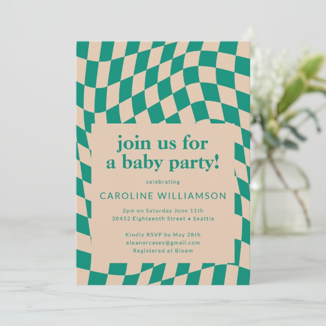 Invitation Baby shower Abstrait Retro Green Checkerboard (Debout devant)