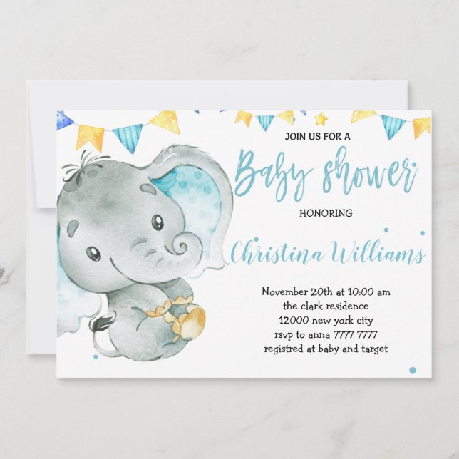 Invitation Baby shower adorable de bébé petit garçon éléphant (Devant)
