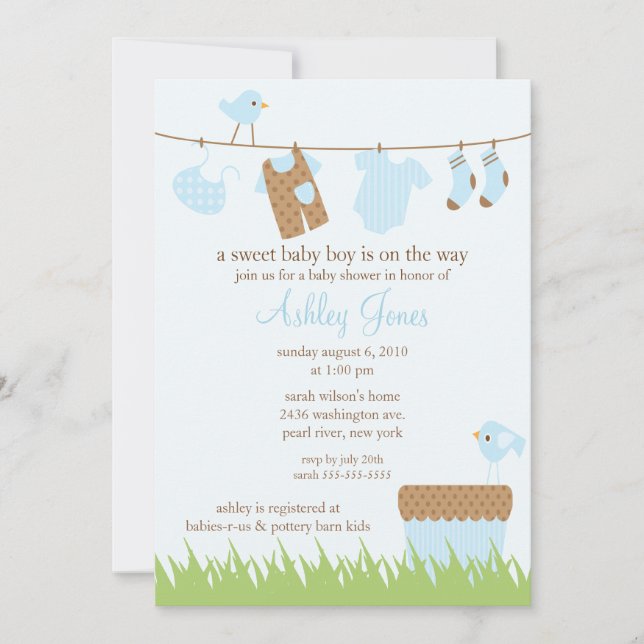 Invitation Baby shower adorable de garçon de corde à  linge (Devant)