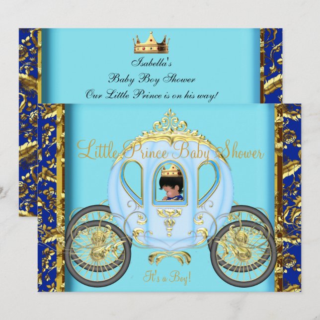 Invitation Baby shower africain américain Blue Gold Boy (Devant / Derrière)