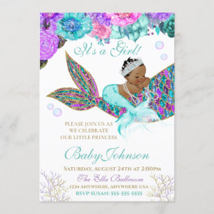 Invitation Baby shower africain-américain de la sirène : la P