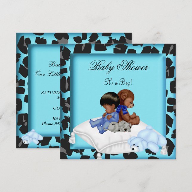 Invitation Baby shower africain américain Garçon ours animal (Devant / Derrière)