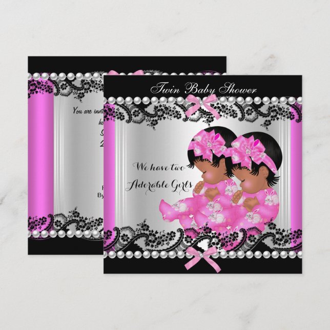 Invitation Baby shower Africain Américain Twin Girls Hot Pink (Devant / Derrière)
