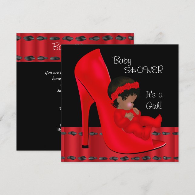 Invitation Baby shower afro-américain fille Chaussure rouge 2 (Devant / Derrière)