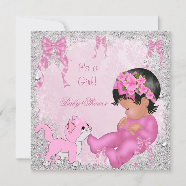 Invitation Baby shower afro-américain fille Kitten rose (Devant)
