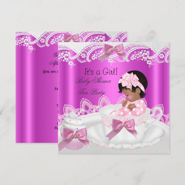 Invitation Baby shower afro-américain fille rose dans une tas (Devant / Derrière)