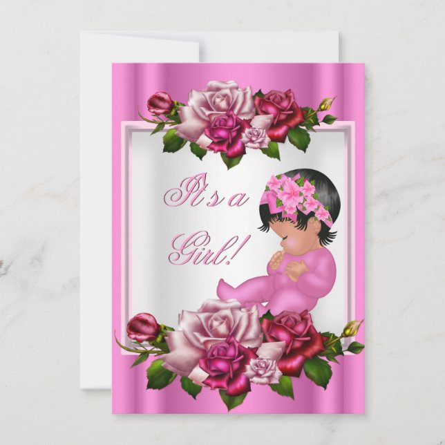 Invitation Baby shower afro-américain fille rose roses (Devant)