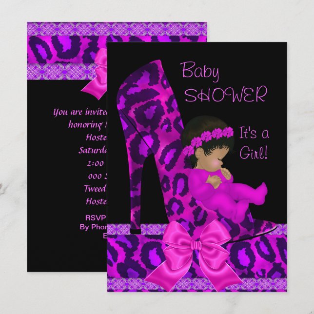 Invitation Baby shower afro-américain fille rose violet chaus (Devant / Derrière)