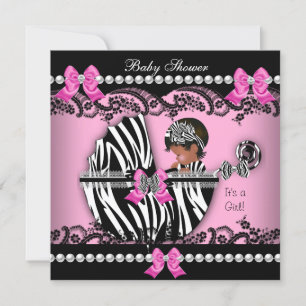 Invitation Baby shower afro-américain fille rose Zebra