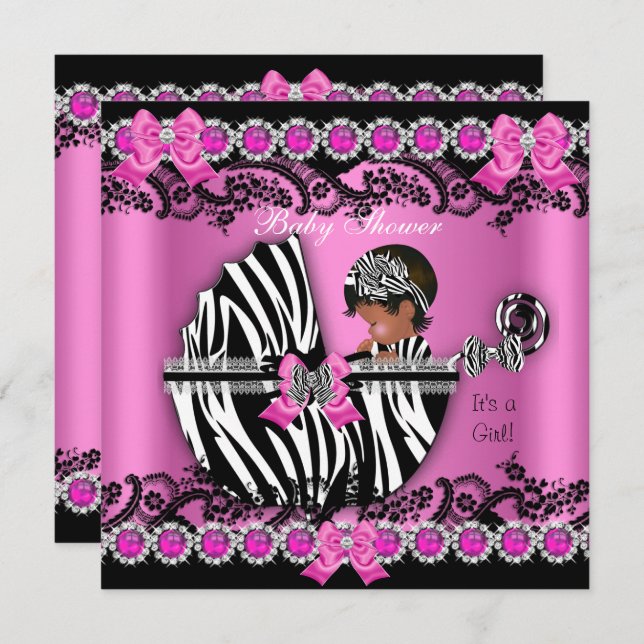 Invitation Baby shower afro-américain fille rose Zebra Pram (Devant / Derrière)