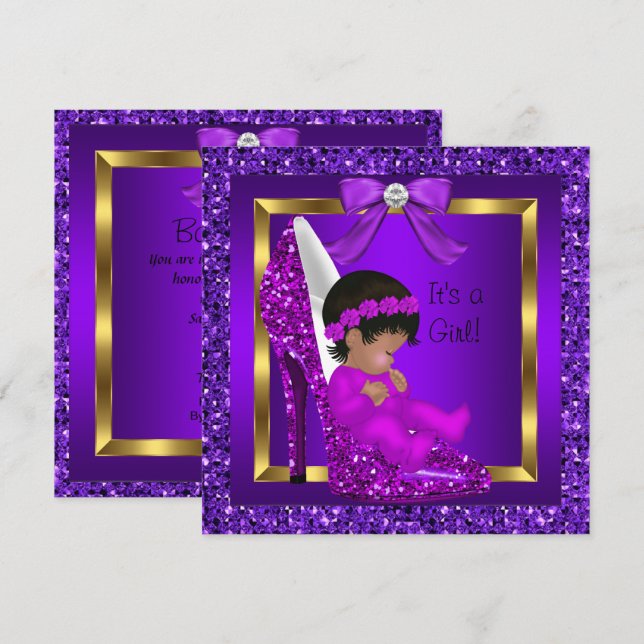 Invitation Baby shower afro-américain Parties scintillant vio (Devant / Derrière)