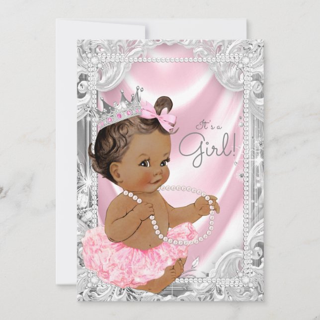 Invitation Baby shower afro-américain princesse rose gris (Devant)