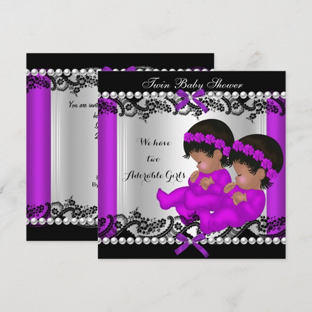 Invitation Baby shower afro-américain Twin Girls violet (Devant / Derrière)