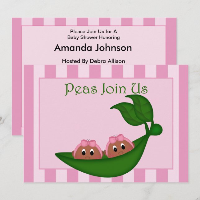 Invitation Baby shower afro-américain Twins Pink Peapod (Devant / Derrière)
