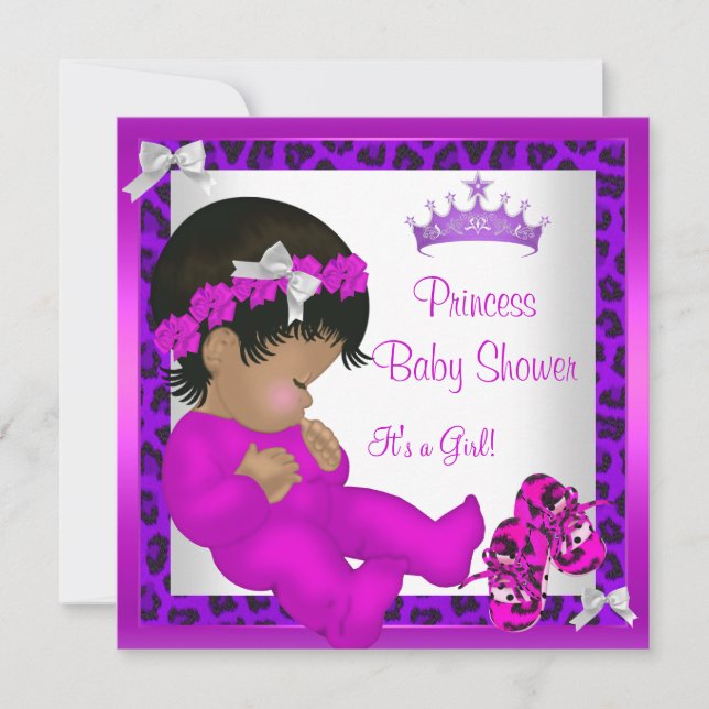 Invitation Baby shower afro-américain violet léopard rose 3 (Devant)