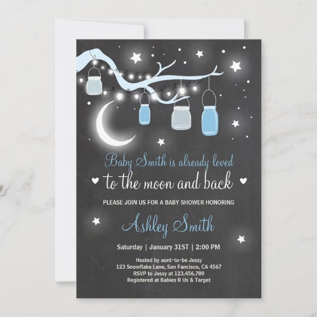 Invitation Baby shower Aimez-vous à la Lune et le Garçon Bleu (Devant)