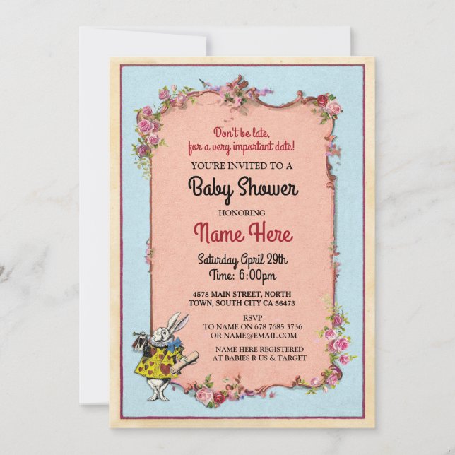 Invitation Baby shower Alice Wonderland Rabbit Party Invitati (Devant)