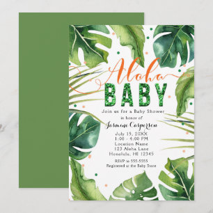 Invitation Baby shower ALOHA Feuilles tropicales Orange & Ver