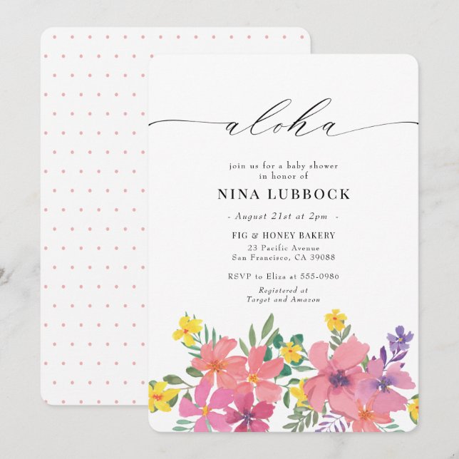 Invitation Baby shower Aloha Pink Tropical (Devant / Derrière)