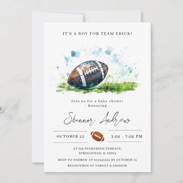 Invitation Baby shower américain de football élégant personne (Devant)