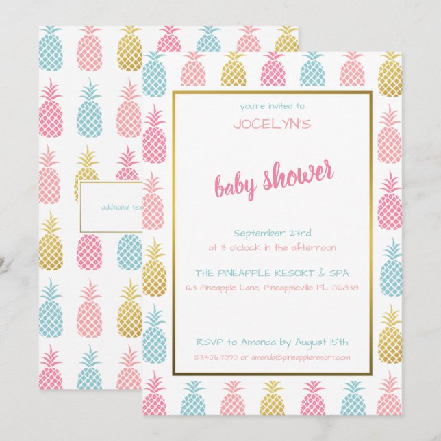 Invitation Baby Shower Ananas Tropical Moderne Chic (Devant / Derrière)