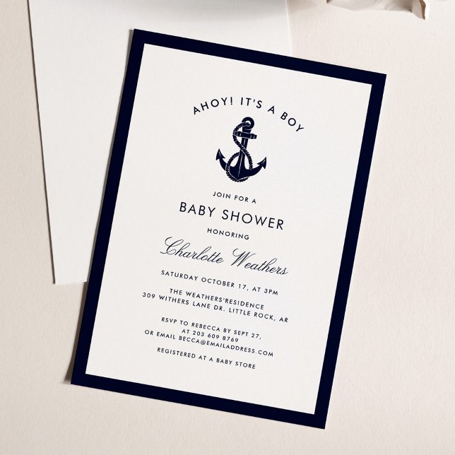 Invitation Baby shower Ancre bleu marine (Nautical Navy Blue Anchor Boy Baby Shower Invitation)