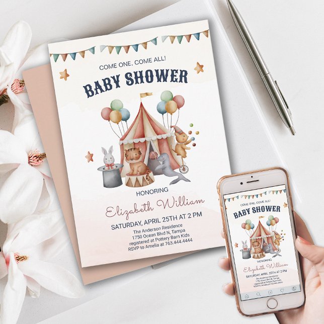 Invitation Baby shower animal de cirque amusant (Fun Circus Animal Baby Shower Invite)
