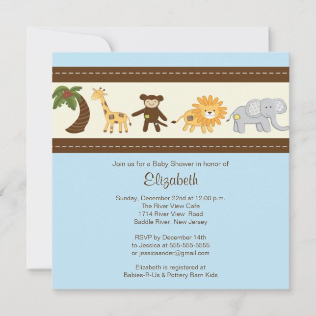 Invitation Baby shower animal de garçon de safari de jungle (Devant)