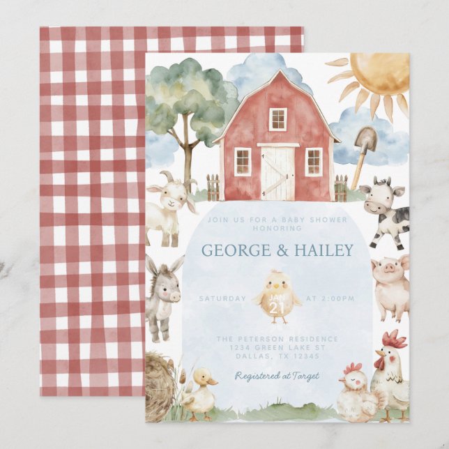 Invitation Baby shower animal de la ferme Red Barn (Devant / Derrière)