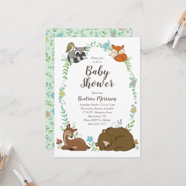 Invitation Baby shower animal de la forêt (Devant/Arrière en situation)