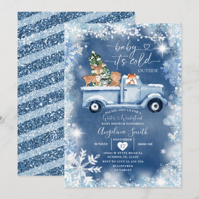 Invitation Baby shower animal de la forêt de Snowflake blanc (Devant / Derrière)