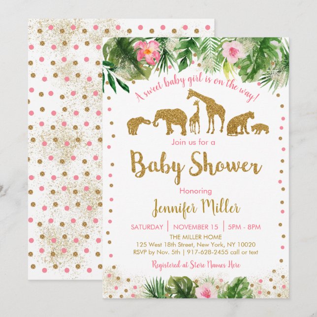 Invitation Baby shower animal Pink & Gold Safari (Devant / Derrière)
