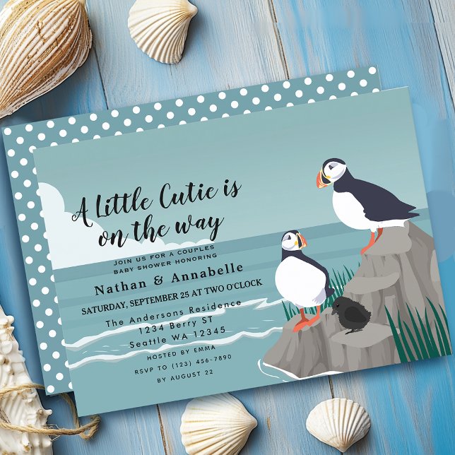 Invitation Baby shower animal Puffin neutre pour le genre (Créateur téléchargé)