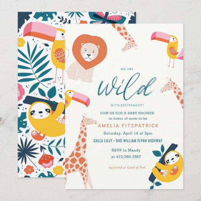 Invitation Baby shower animal sauvage de la Jungle | Blanc (Devant / Derrière)